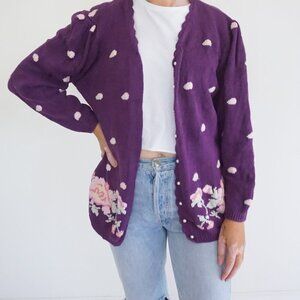 Vintage Maggie Lawrence Purple Polka Dot Floral Embroidered Knit Cardigan M